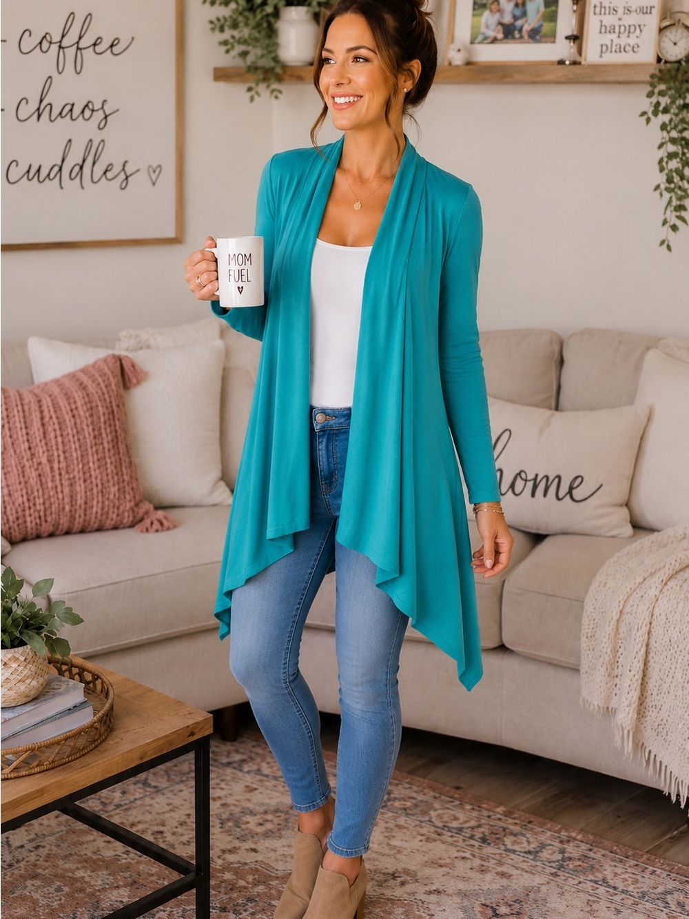 Azules Teal Waterfall Open Front Cardigan Size Small NWOT Made in USA Longline